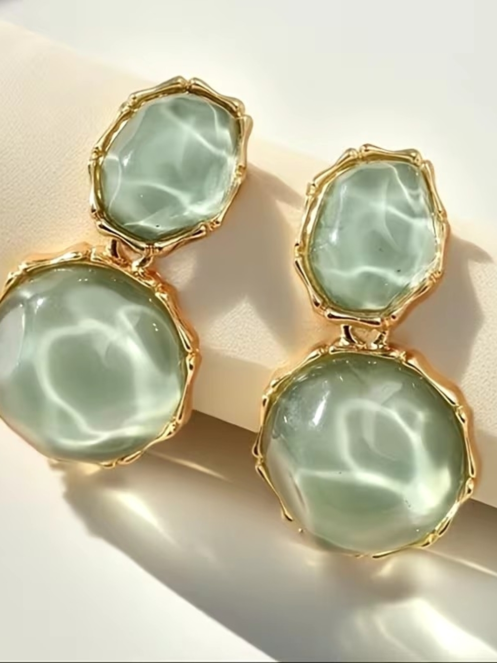 Gold Tone Sea Green Double Drop Earrings - Women Jewelry